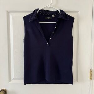 Tahari Dark Blue Sleeveless Blouse with Crochet Collar